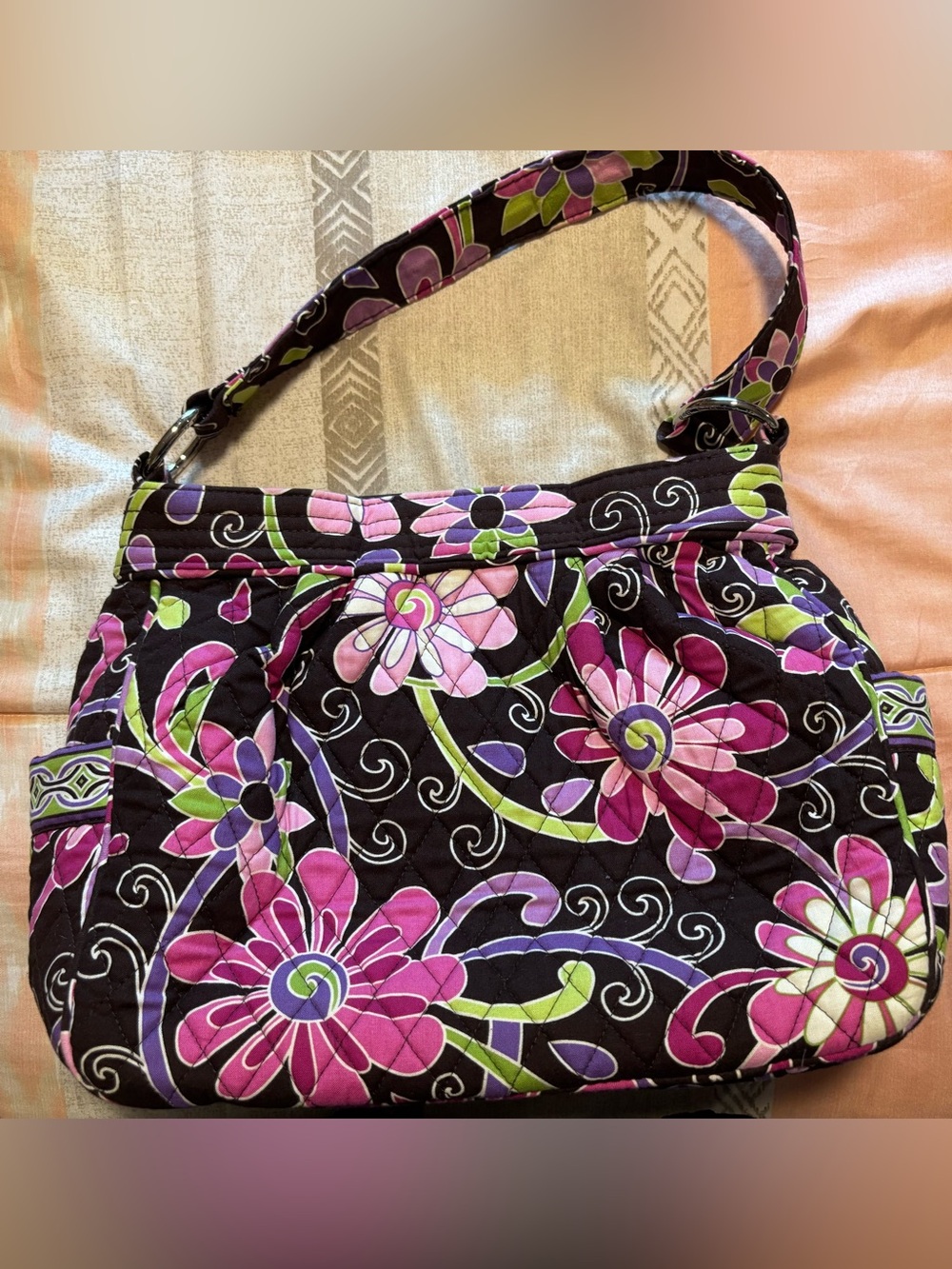 Vera Bradley Black Floral Quilted Purse- Pink & Purple